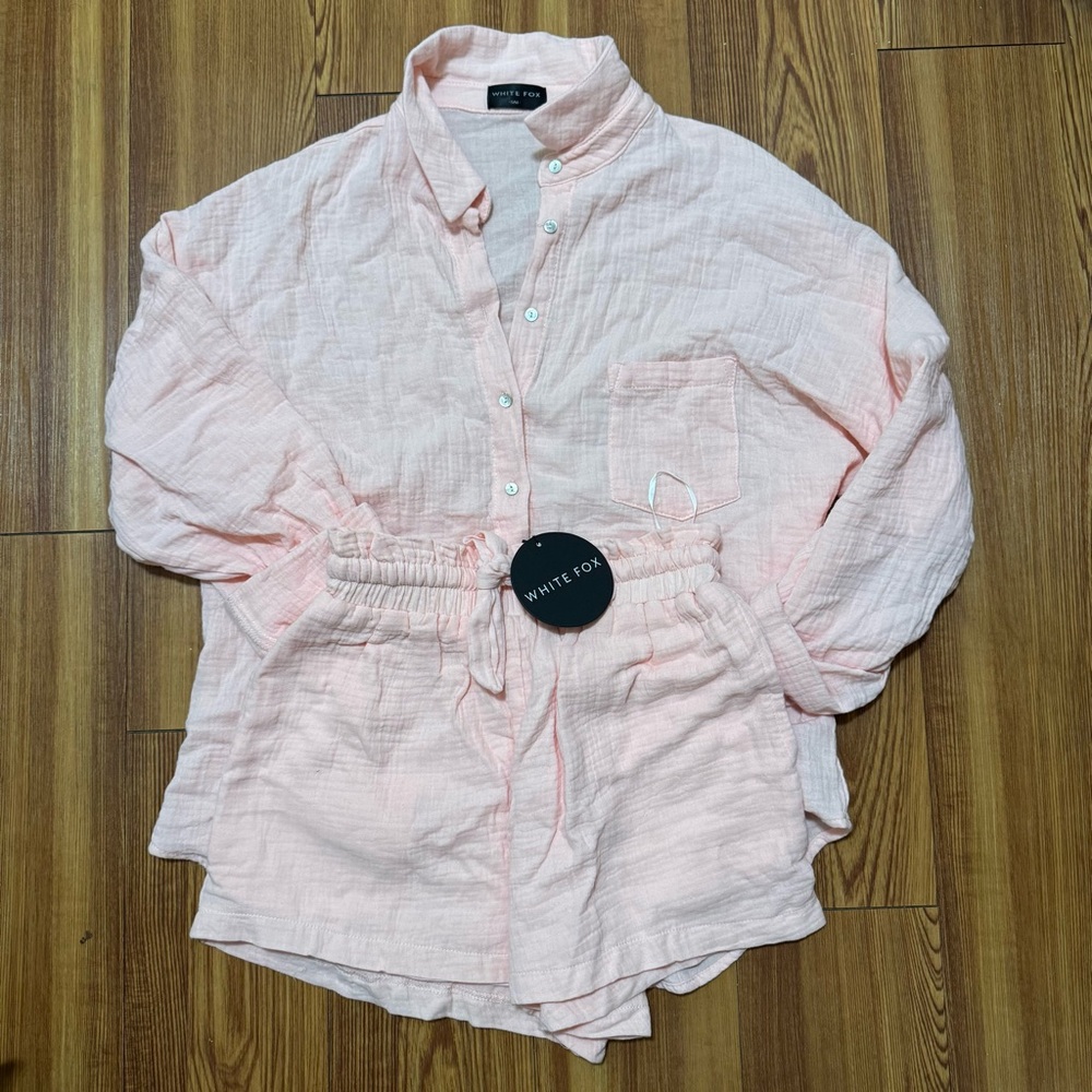 White Fox Pink Button-Up Shirt and Shorts Set